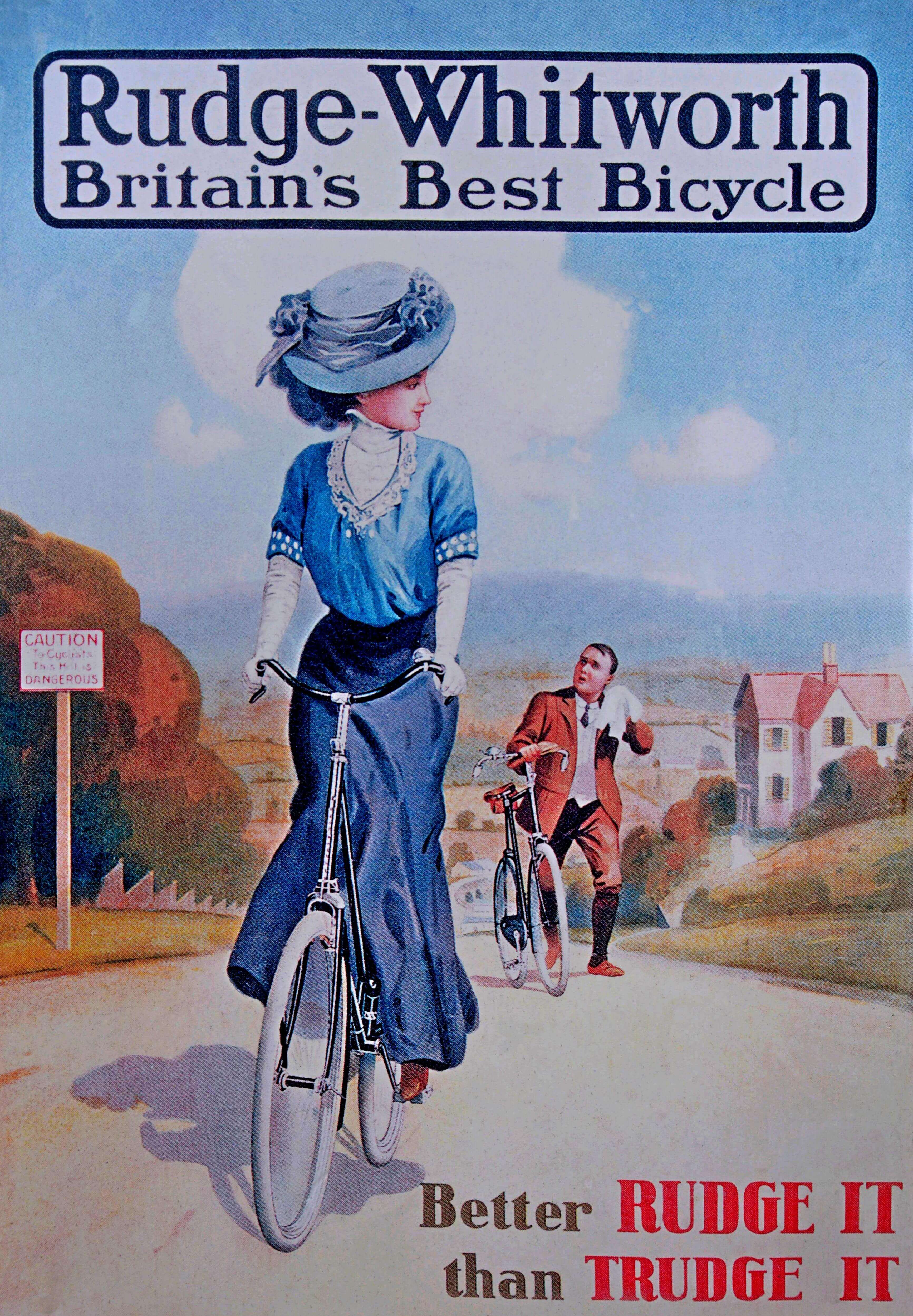 Vintage advertisement for Rudge-Whitworth bicycles featuring a woman on a bicycle.
